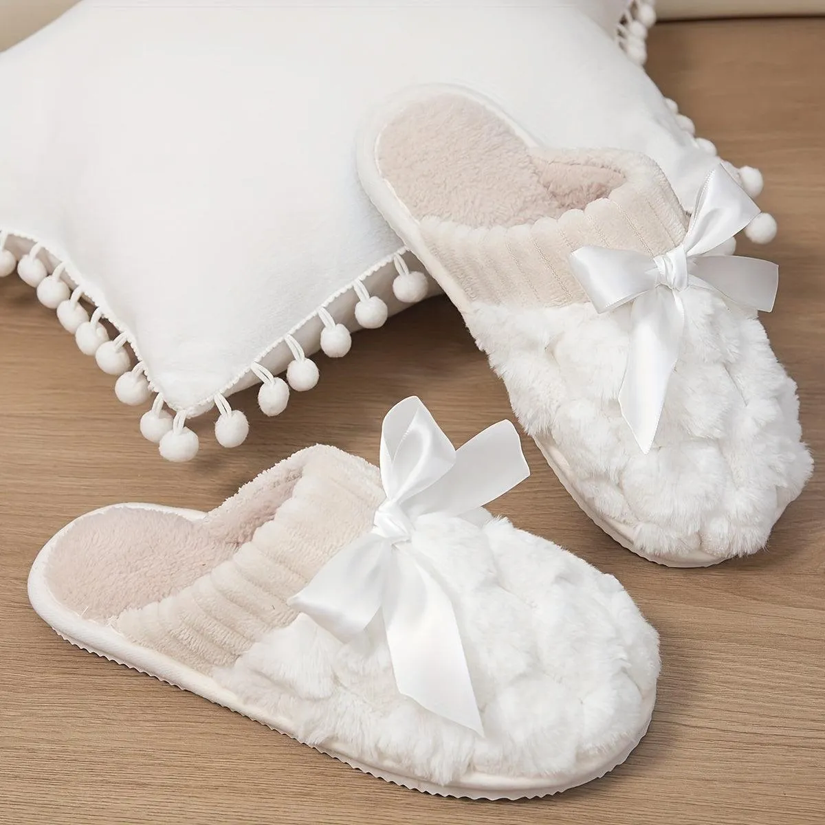 Cozy Bowknot Slippers Soft Warm and Nonslip for Winter