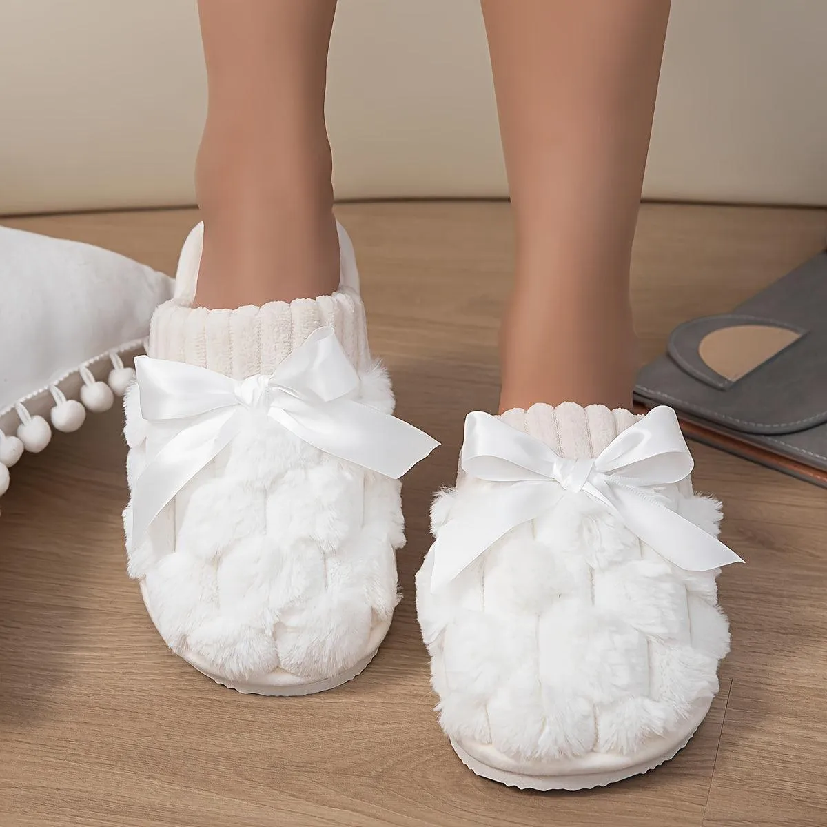 Cozy Bowknot Slippers Soft Warm and Nonslip for Winter