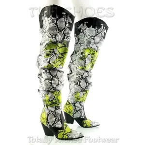 CR Kelsey 21 Hilda White Lime Snake Western Slouch OTK Thigh High Cowboy Boots