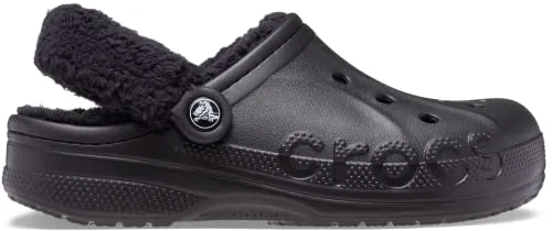 Crocs Unisex-Adult Baya Lined Fuzz Strap Clogs, Black/Black, 11 US