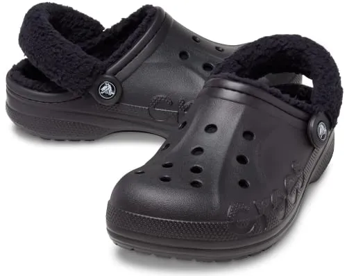 Crocs Unisex-Adult Baya Lined Fuzz Strap Clogs, Black/Black, 11 US