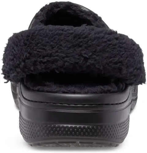 Crocs Unisex-Adult Baya Lined Fuzz Strap Clogs, Black/Black, 11 US