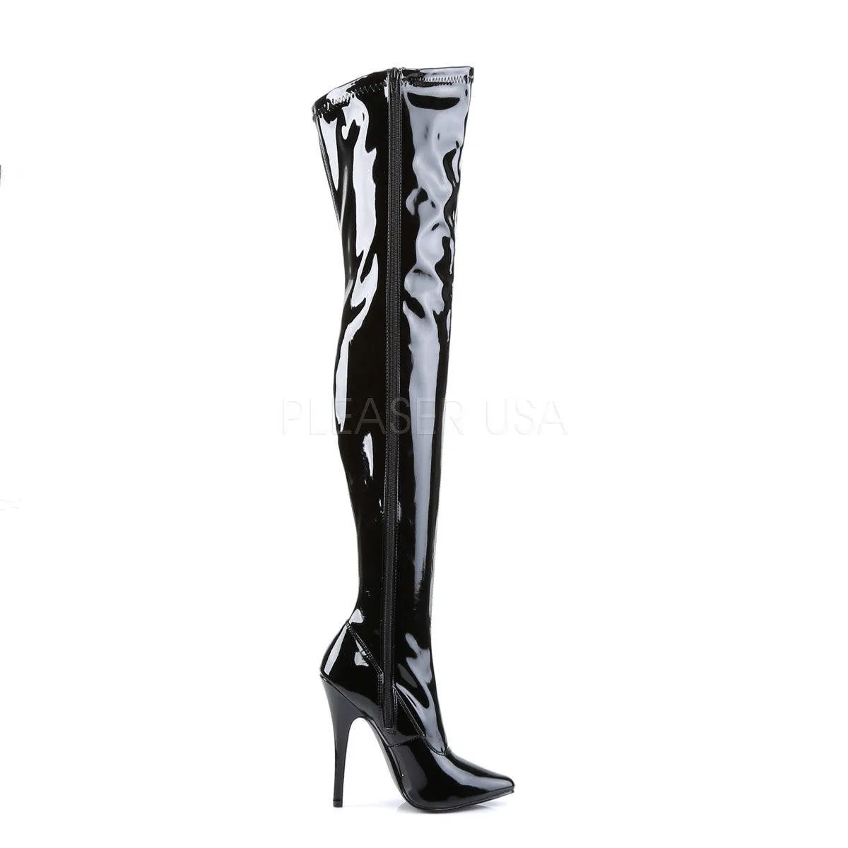 DEVIOUS DOMINA-3000 Black Stretch Pat Thigh High Boots