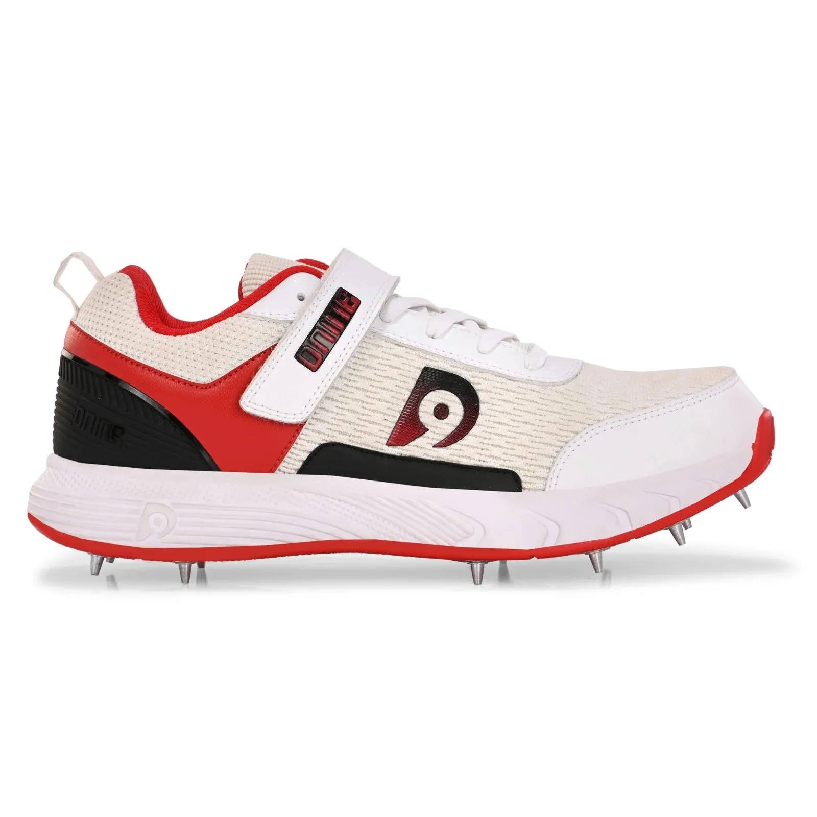 Dnine Warrior-1 Bowling Spikes Cricket Shoes with Free Socks – White/Red, High-Performance Grip & Comfort for Bowlers