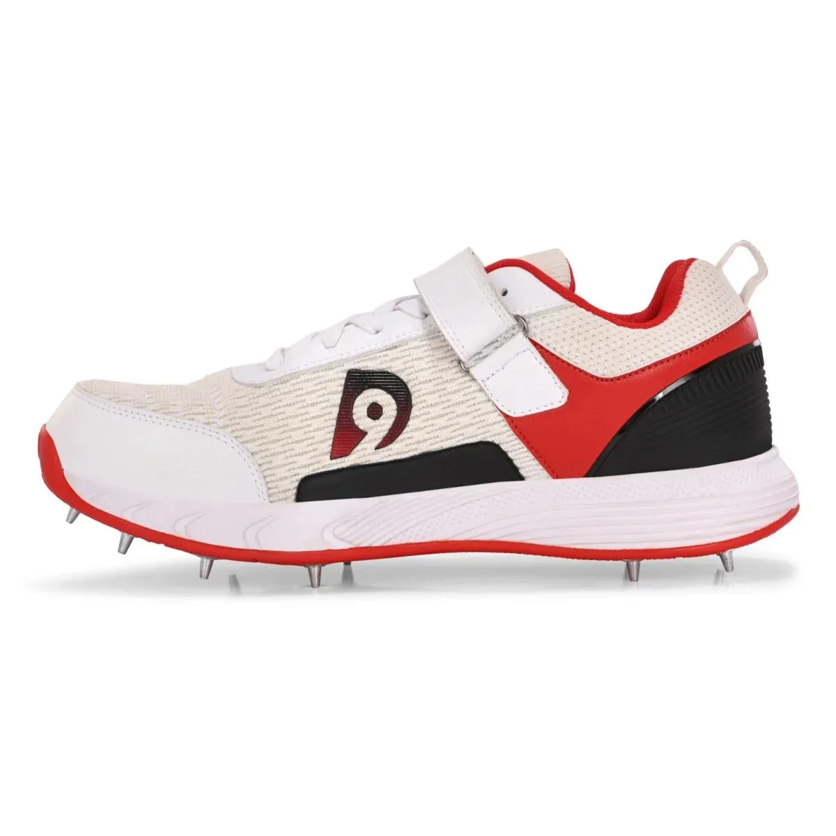 Dnine Warrior-1 Bowling Spikes Cricket Shoes with Free Socks – White/Red, High-Performance Grip & Comfort for Bowlers