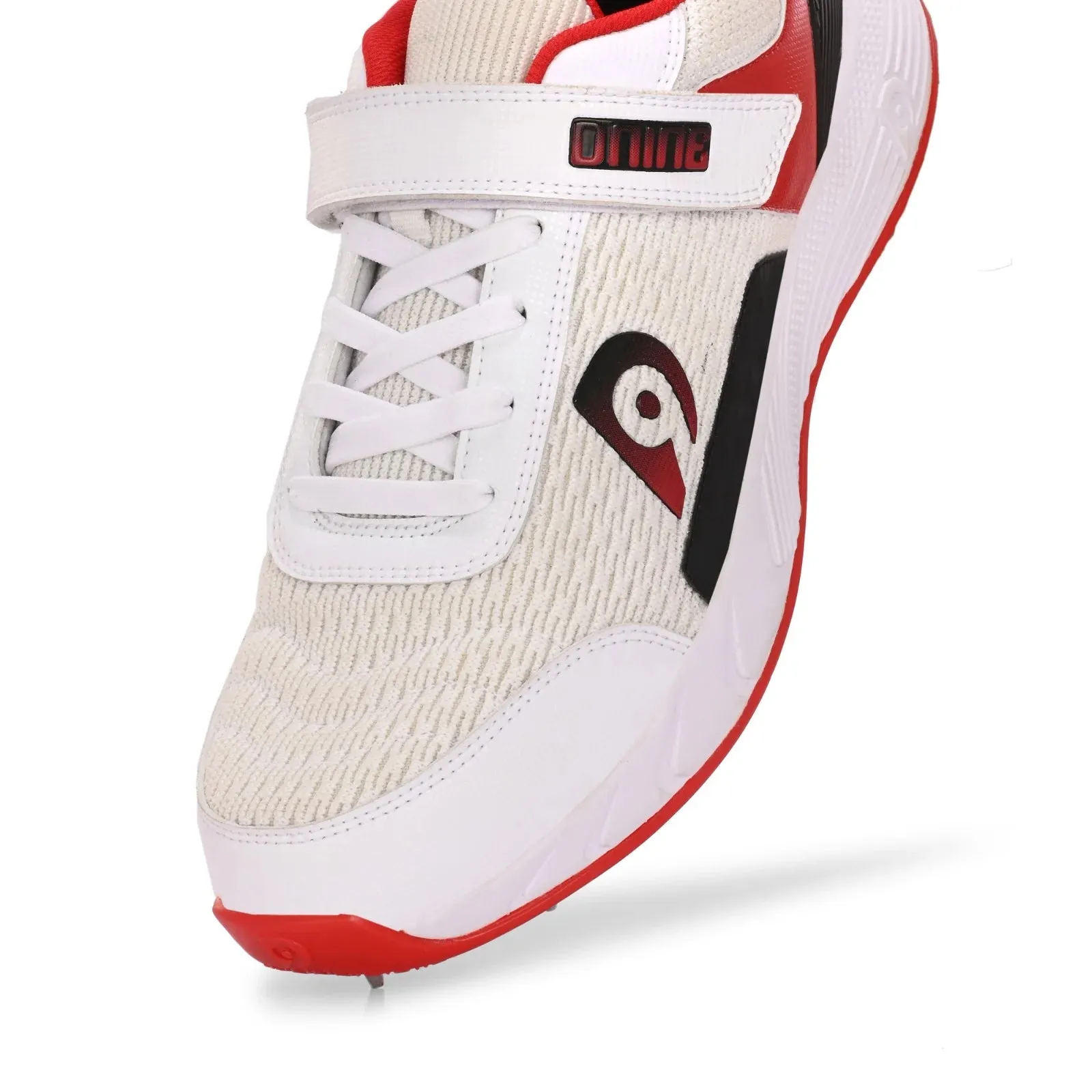 Dnine Warrior-1 Bowling Spikes Cricket Shoes with Free Socks – White/Red, High-Performance Grip & Comfort for Bowlers