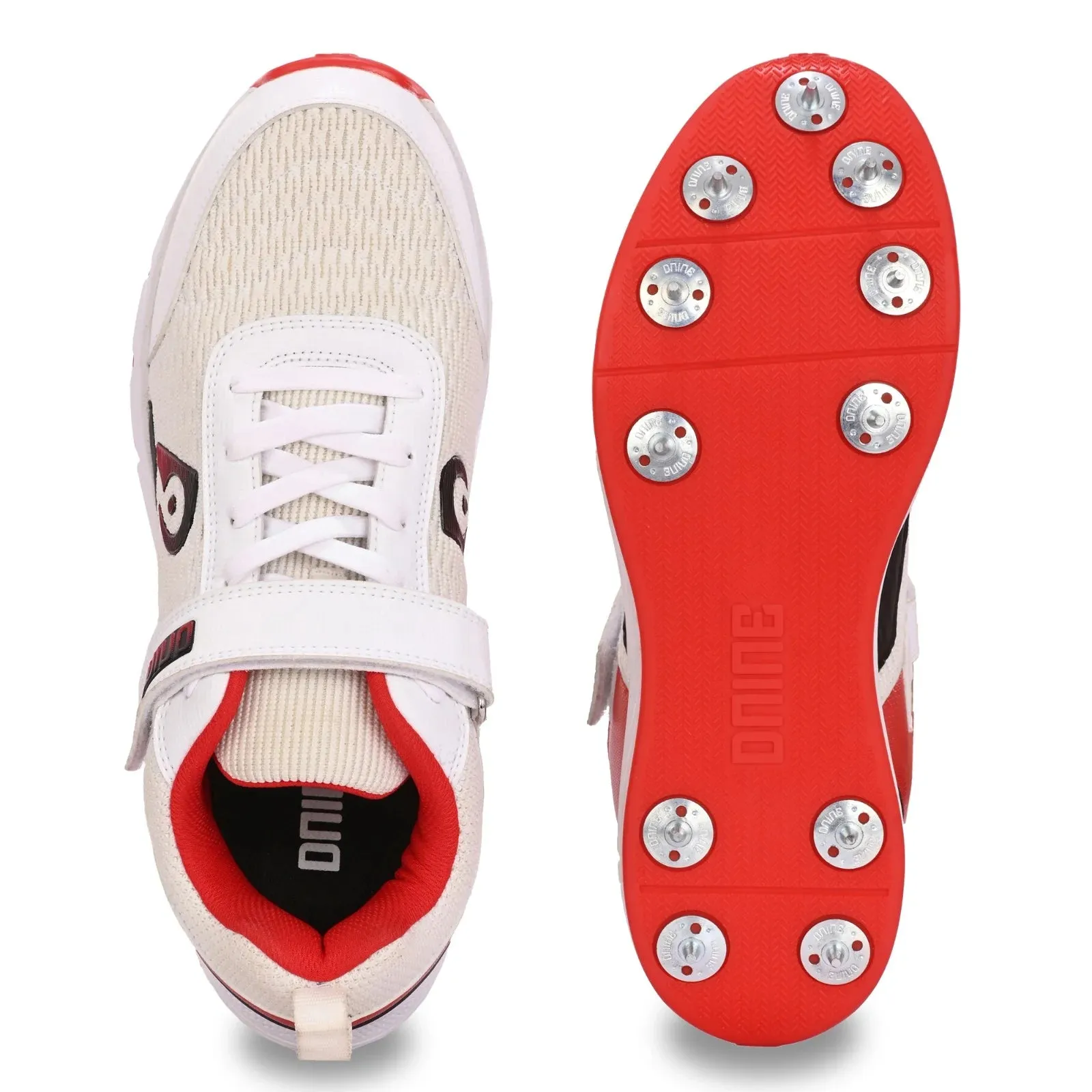 Dnine Warrior-1 Bowling Spikes Cricket Shoes with Free Socks – White/Red, High-Performance Grip & Comfort for Bowlers