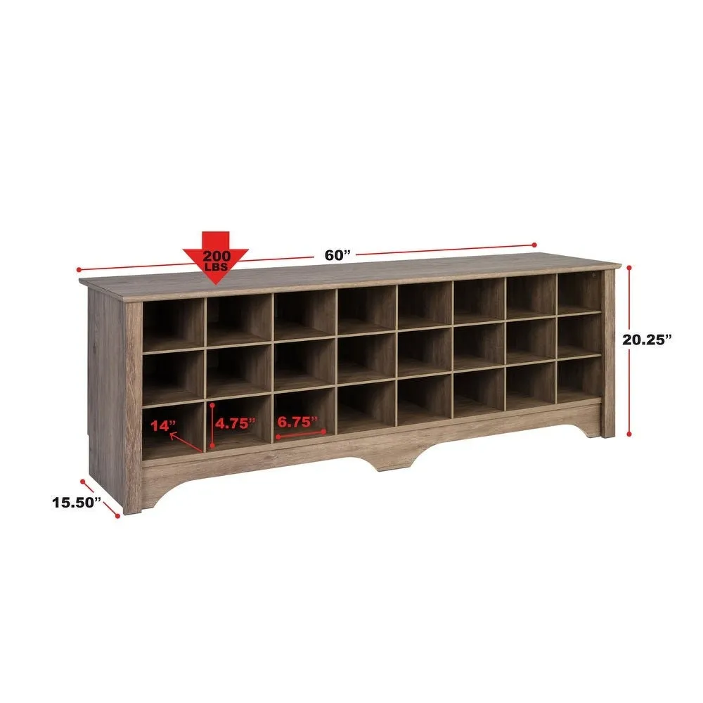 Drifted Gray 24 Pair Shoe Storage Cubby Bench, Multiple Finishes Multi-Compartment Shoe Storage Bench. 24 Open Cubbies Hold your Sneakers