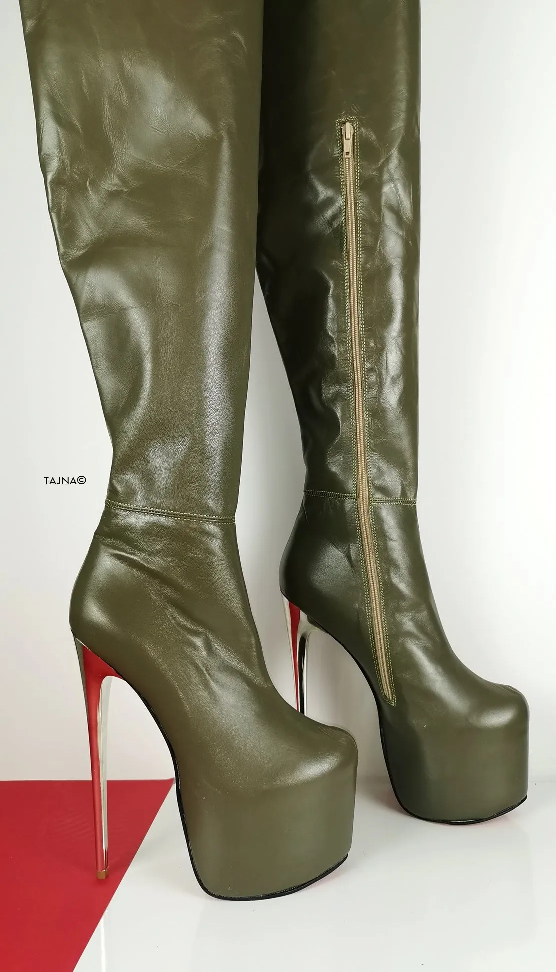 Genuine Leather Army Green Thigh High Boots