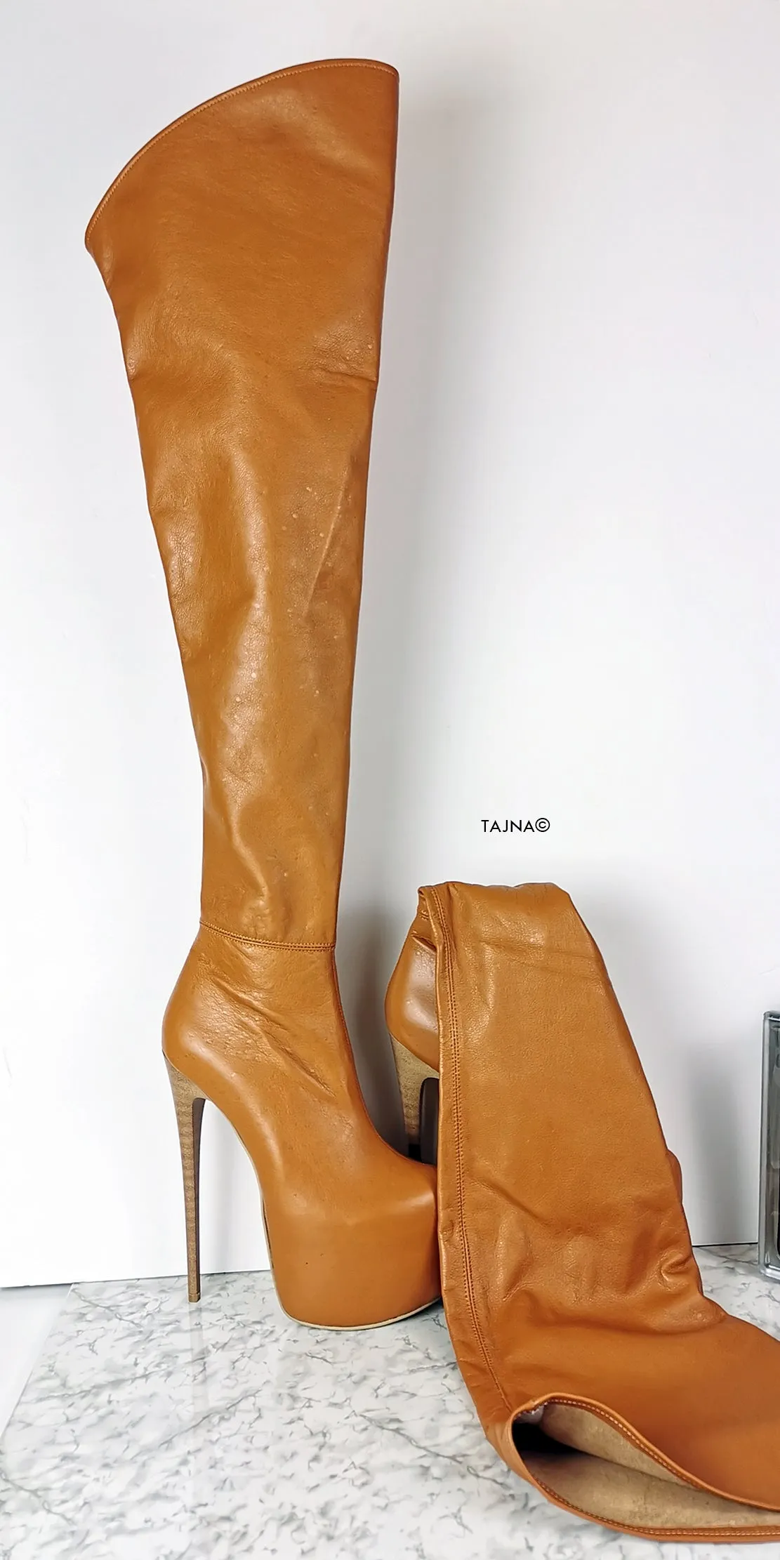 Genuine Leather Tobacco Brown Thigh High Boots