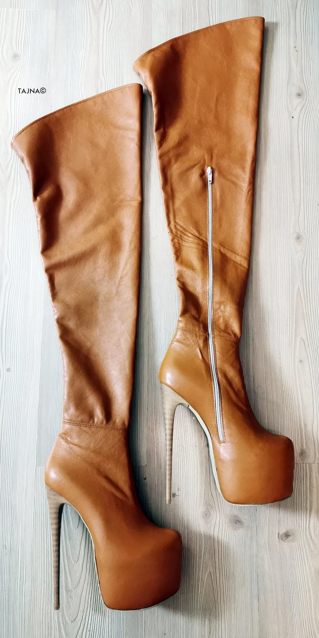 Genuine Leather Tobacco Brown Thigh High Boots