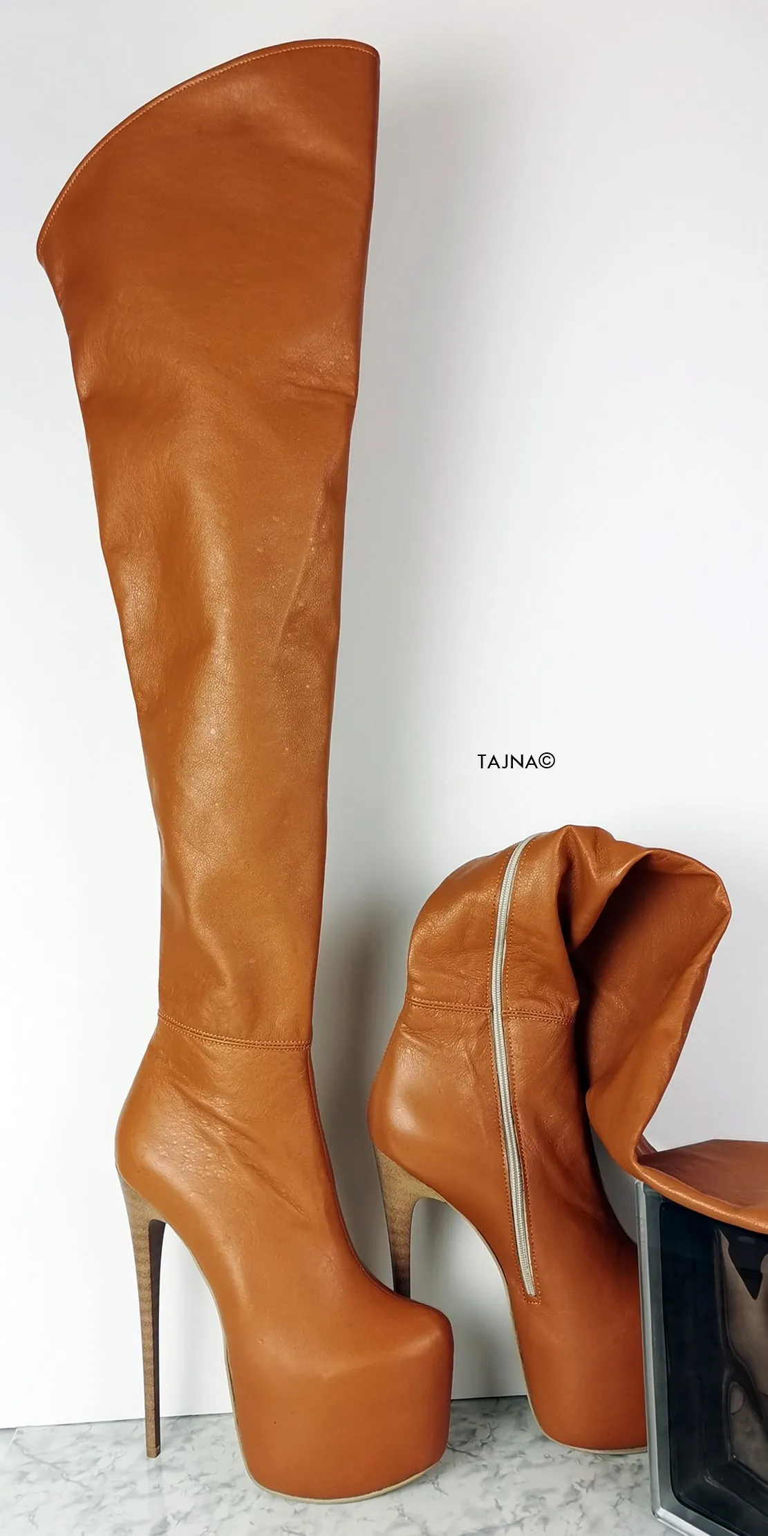 Genuine Leather Tobacco Brown Thigh High Boots