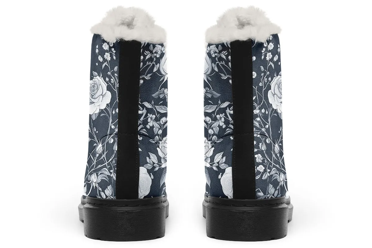 Grey Rose Romance Winter Boots - Warm Micro-Suede Doc-Style Boots Lined with Vegan Wool