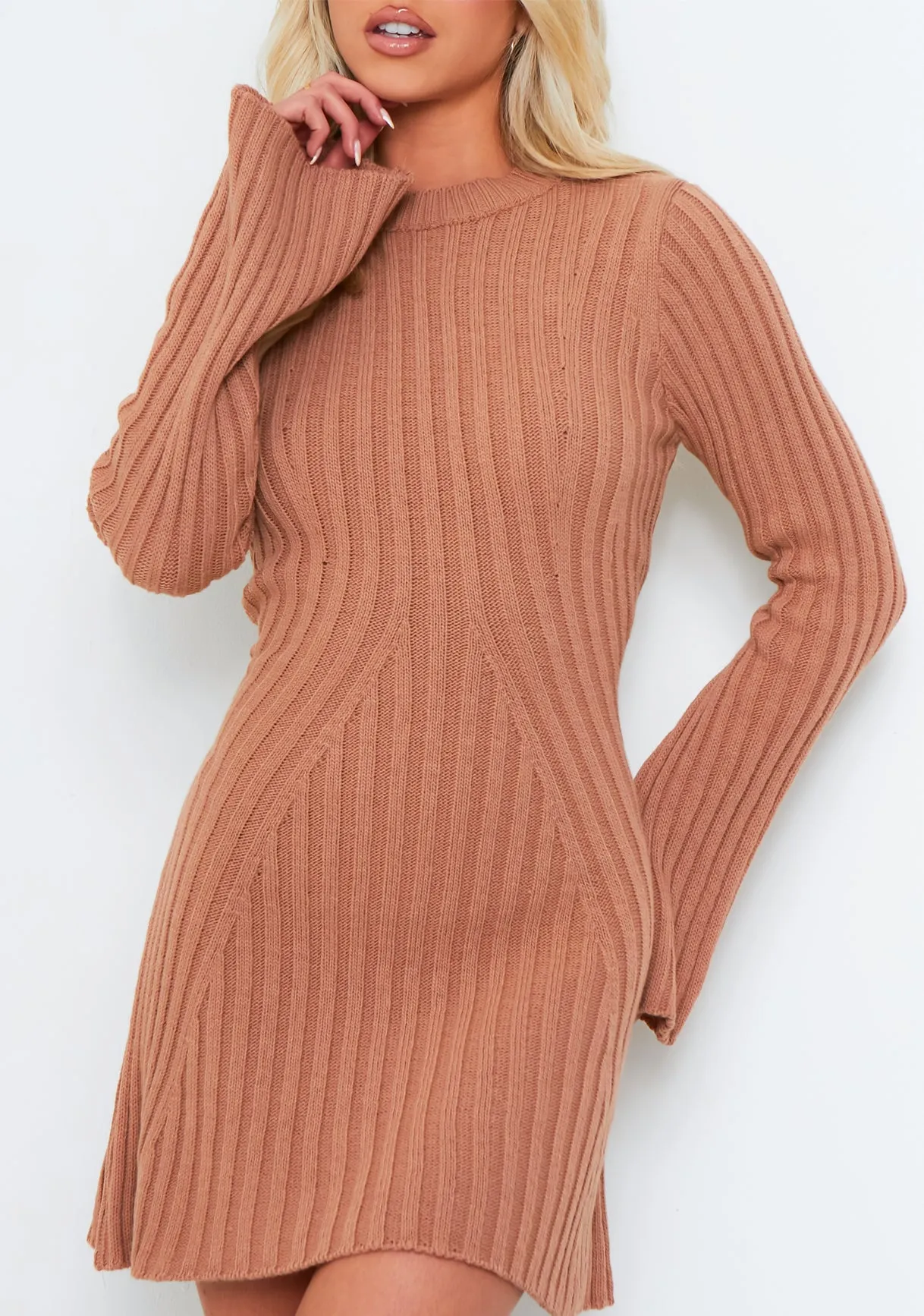 Harper Taupe Rib Knit Flare Mini Dress