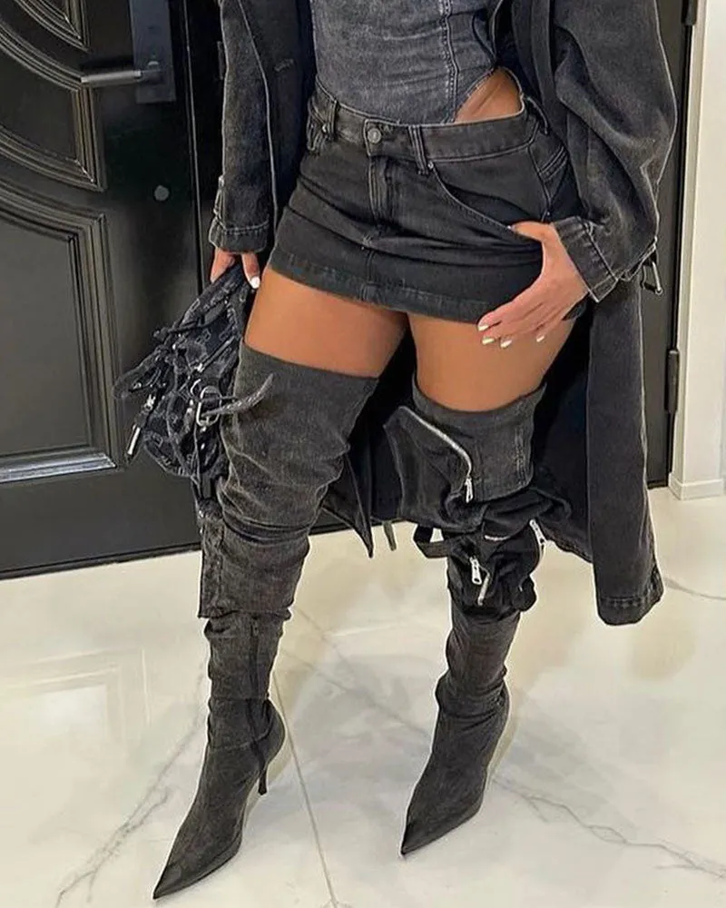 Hippy Multi Pocket Pointed Toe Denim Boots