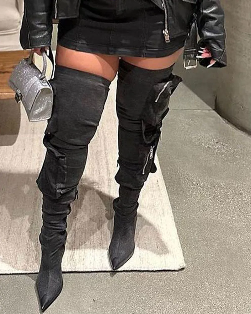 Hippy Multi Pocket Pointed Toe Denim Boots