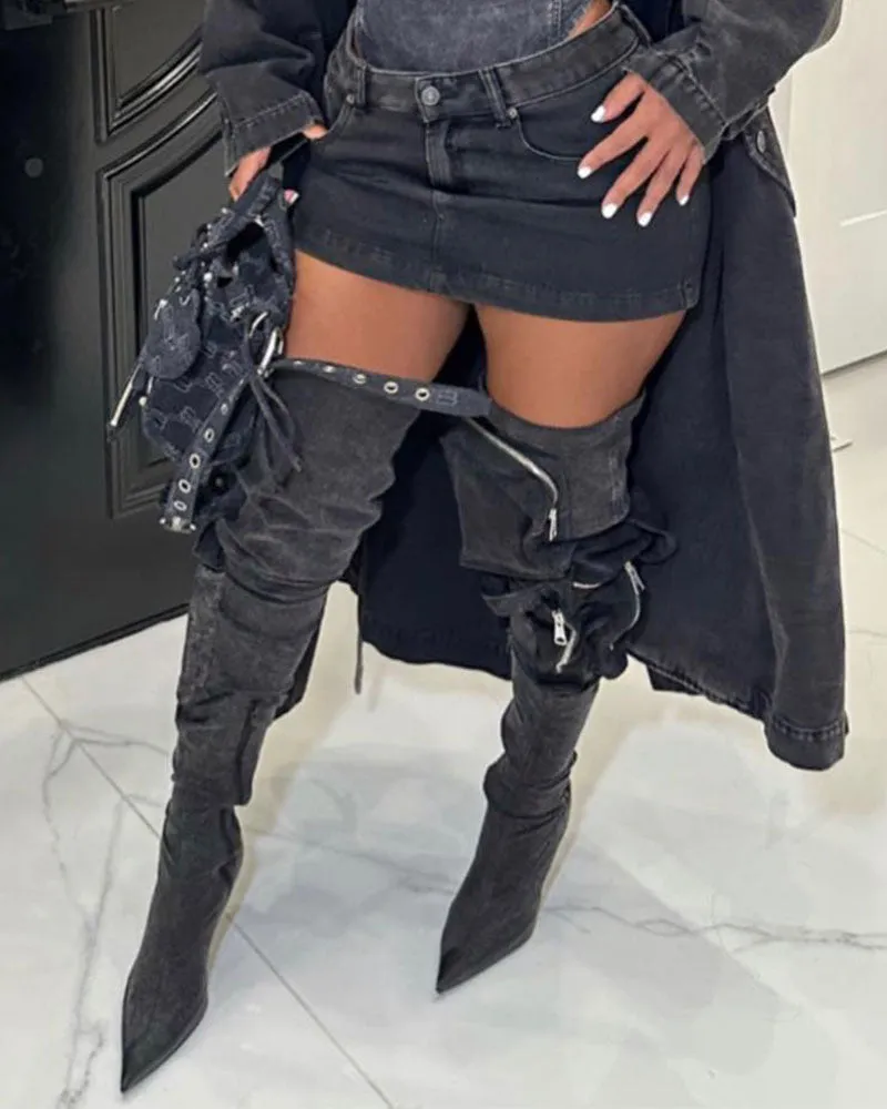 Hippy Multi Pocket Pointed Toe Denim Boots