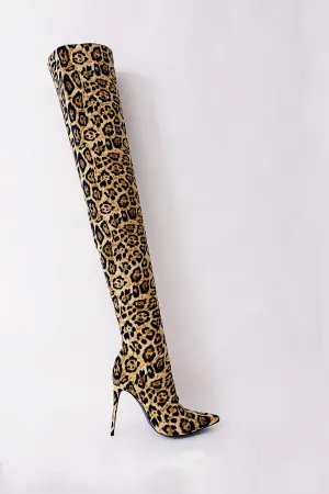 Leopard Print Pointed Toe Thigh High Stiletto Boots