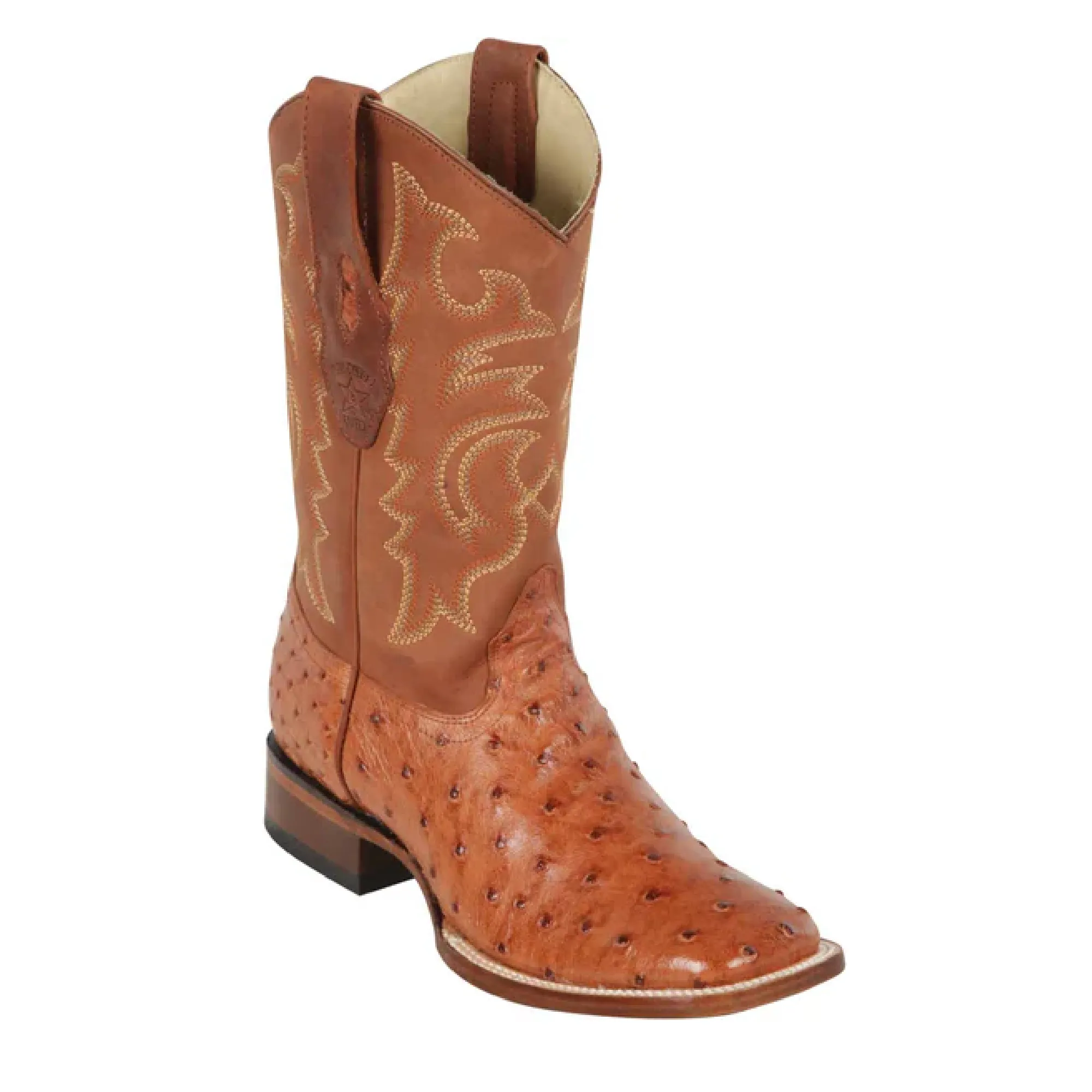 Los Altos Boots Mens #8220364 Wide Square Toe | Genuine Full Quill Ostrich Leather Boots | Color Brandy