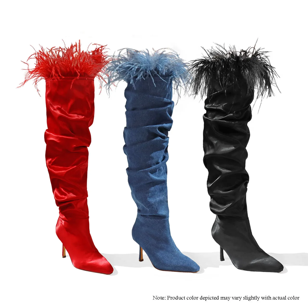 LUISA-4 THIGH HIGH BOOTS W/ OSTRICH FEATHER ON COLLAR-BLACK
