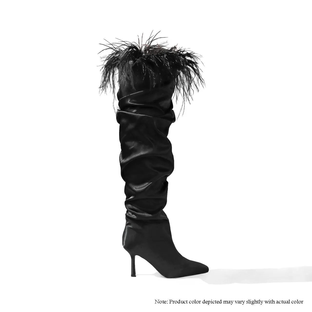LUISA-4 THIGH HIGH BOOTS W/ OSTRICH FEATHER ON COLLAR-BLACK