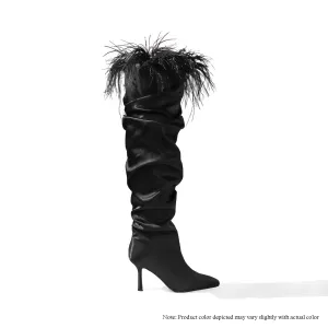 LUISA-4 THIGH HIGH BOOTS W/ OSTRICH FEATHER ON COLLAR-BLACK