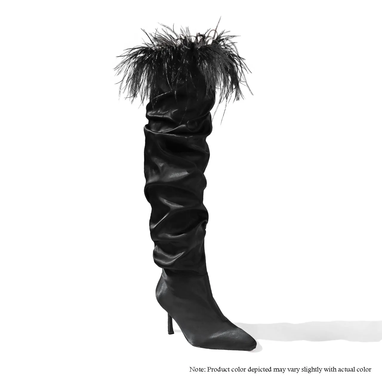 LUISA-4 THIGH HIGH BOOTS W/ OSTRICH FEATHER ON COLLAR-BLACK