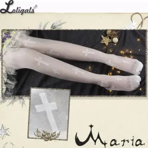 Maria ~ Gothic Lolita Knitted Stockings Cross Patterned Thigh High Stockings by Yidhra