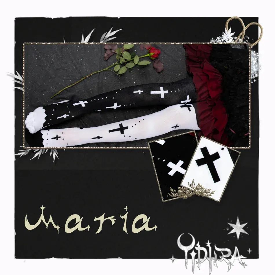 Maria ~ Gothic Lolita Knitted Stockings Cross Patterned Thigh High Stockings by Yidhra