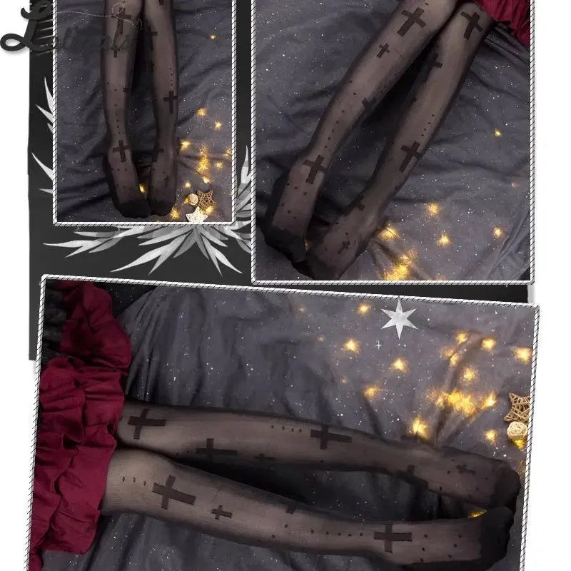 Maria ~ Gothic Lolita Knitted Stockings Cross Patterned Thigh High Stockings by Yidhra