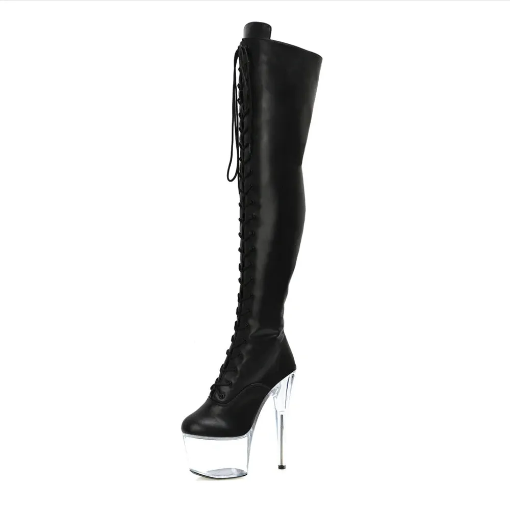 Merendy Tawela Stilettos Platform Over The Knee Black Lace-Up Boots