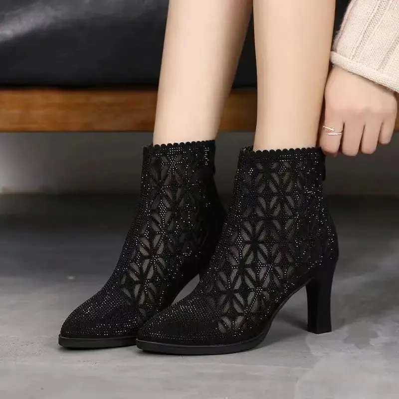 New Rubber Soled Women Dance Boots 6 Cm High Heel Black Shoes Breathable Pointed Mesh Top