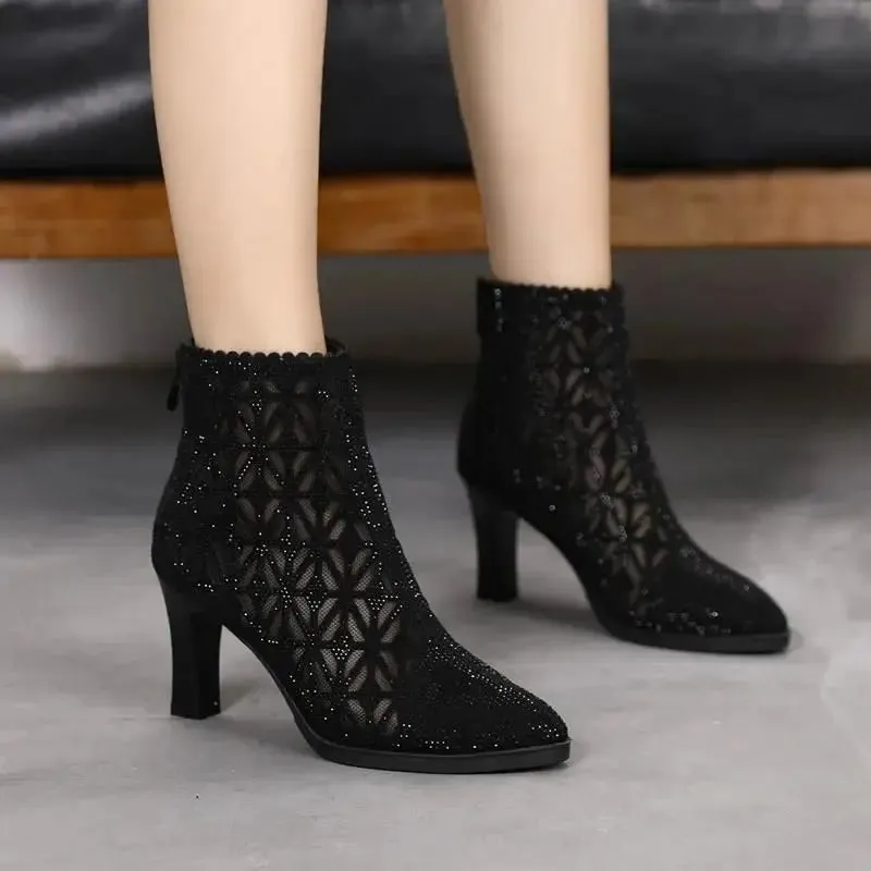 New Rubber Soled Women Dance Boots 6 Cm High Heel Black Shoes Breathable Pointed Mesh Top