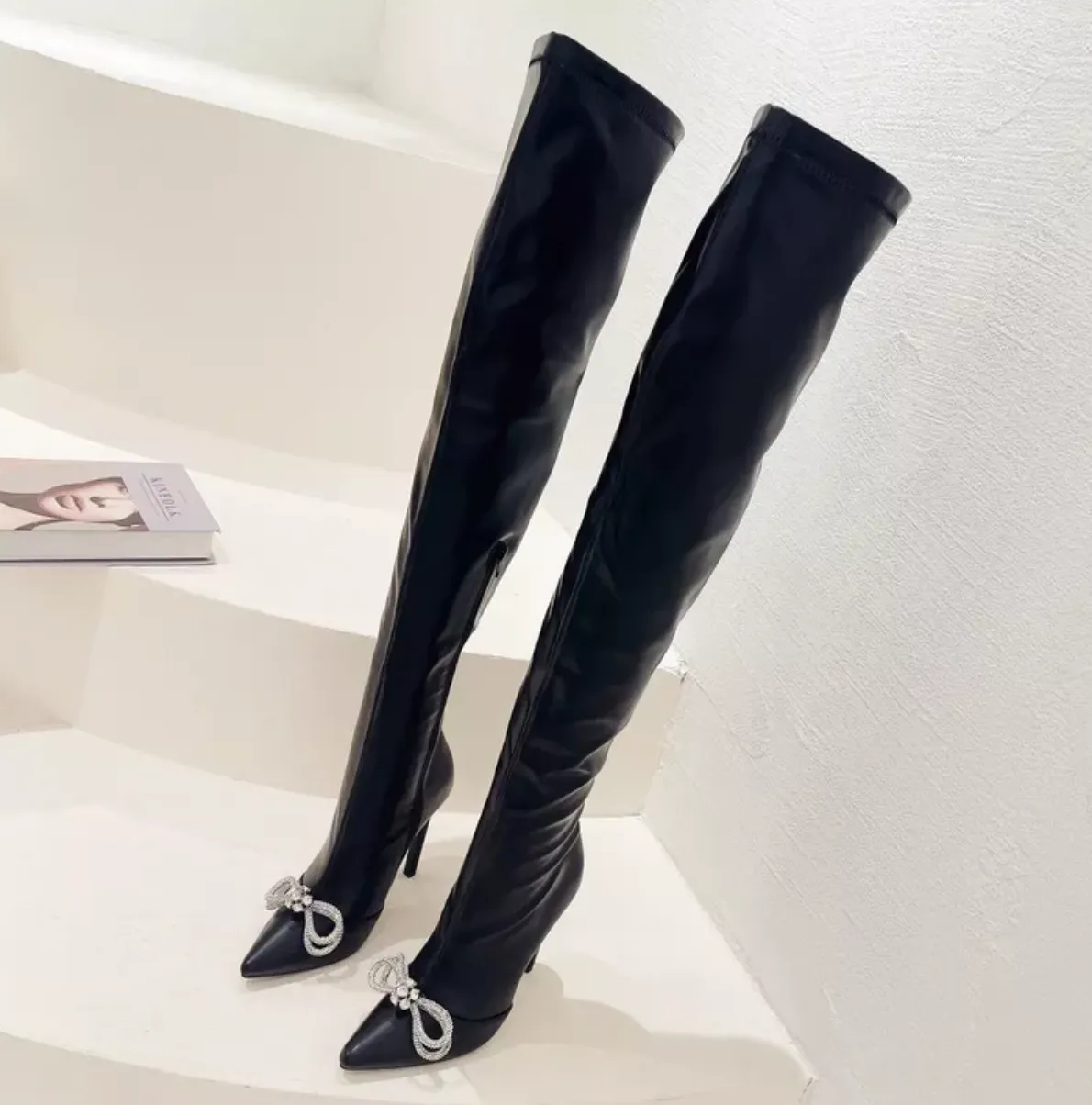 Number Ninety Seven Over The Knee Pointed Toe Boots With Bow