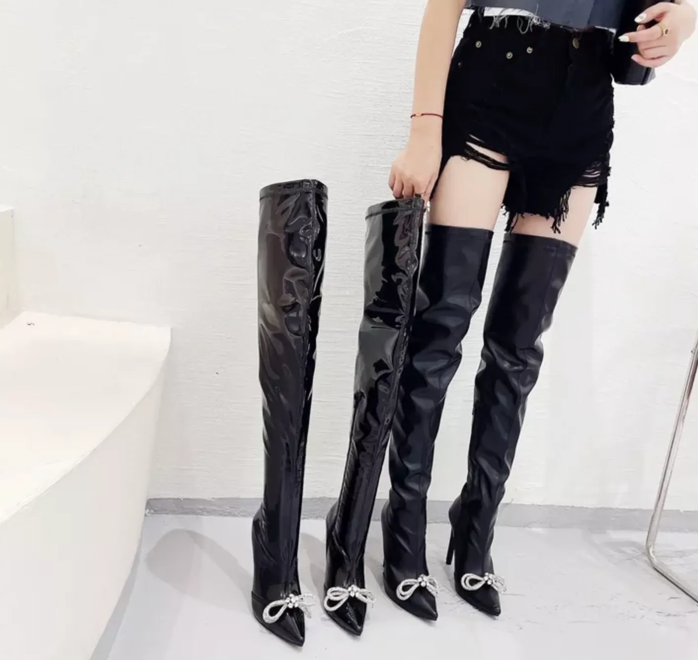 Number Ninety Seven Over The Knee Pointed Toe Boots With Bow