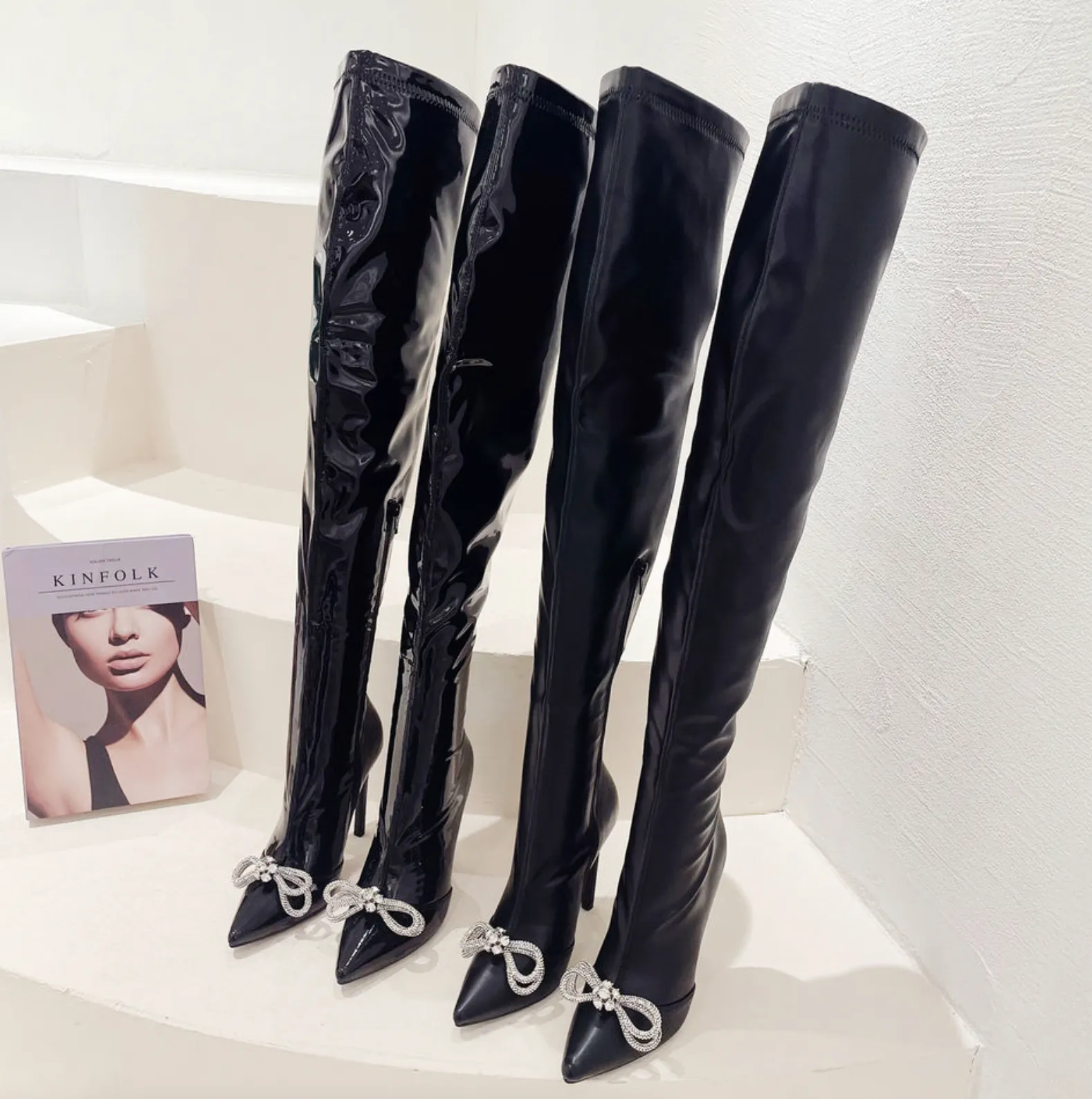 Number Ninety Seven Over The Knee Pointed Toe Boots With Bow