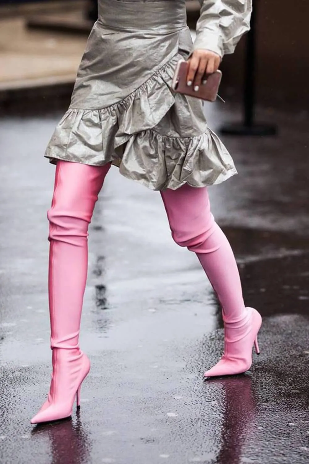 Pink Satin Pointed Toe Thigh High Boots