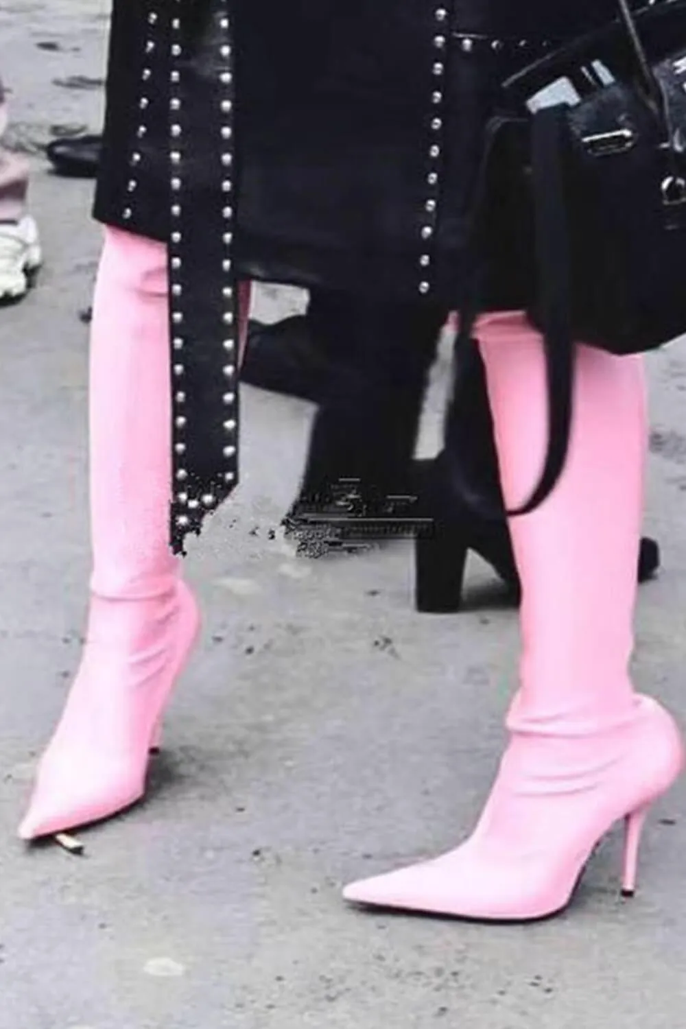 Pink Satin Pointed Toe Thigh High Boots