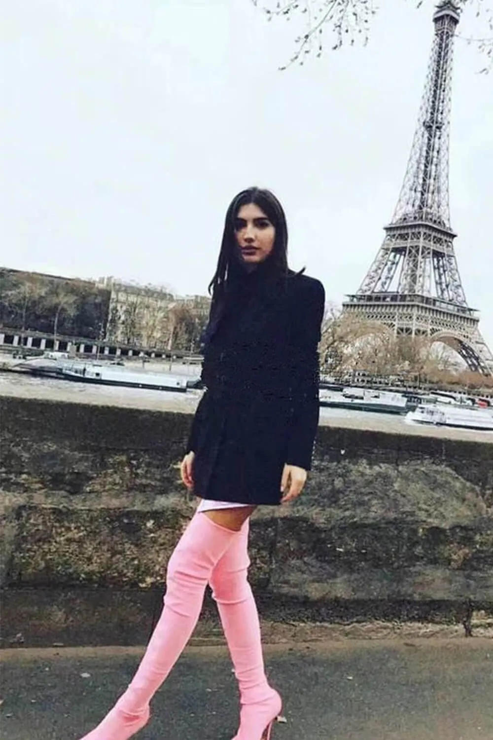 Pink Satin Pointed Toe Thigh High Boots