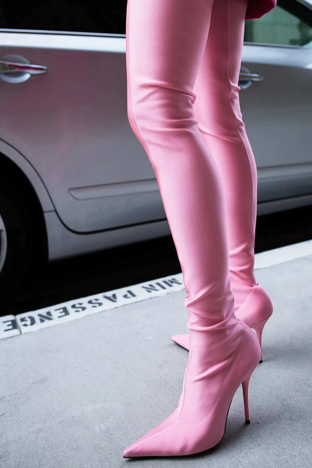 Pink Satin Pointed Toe Thigh High Boots