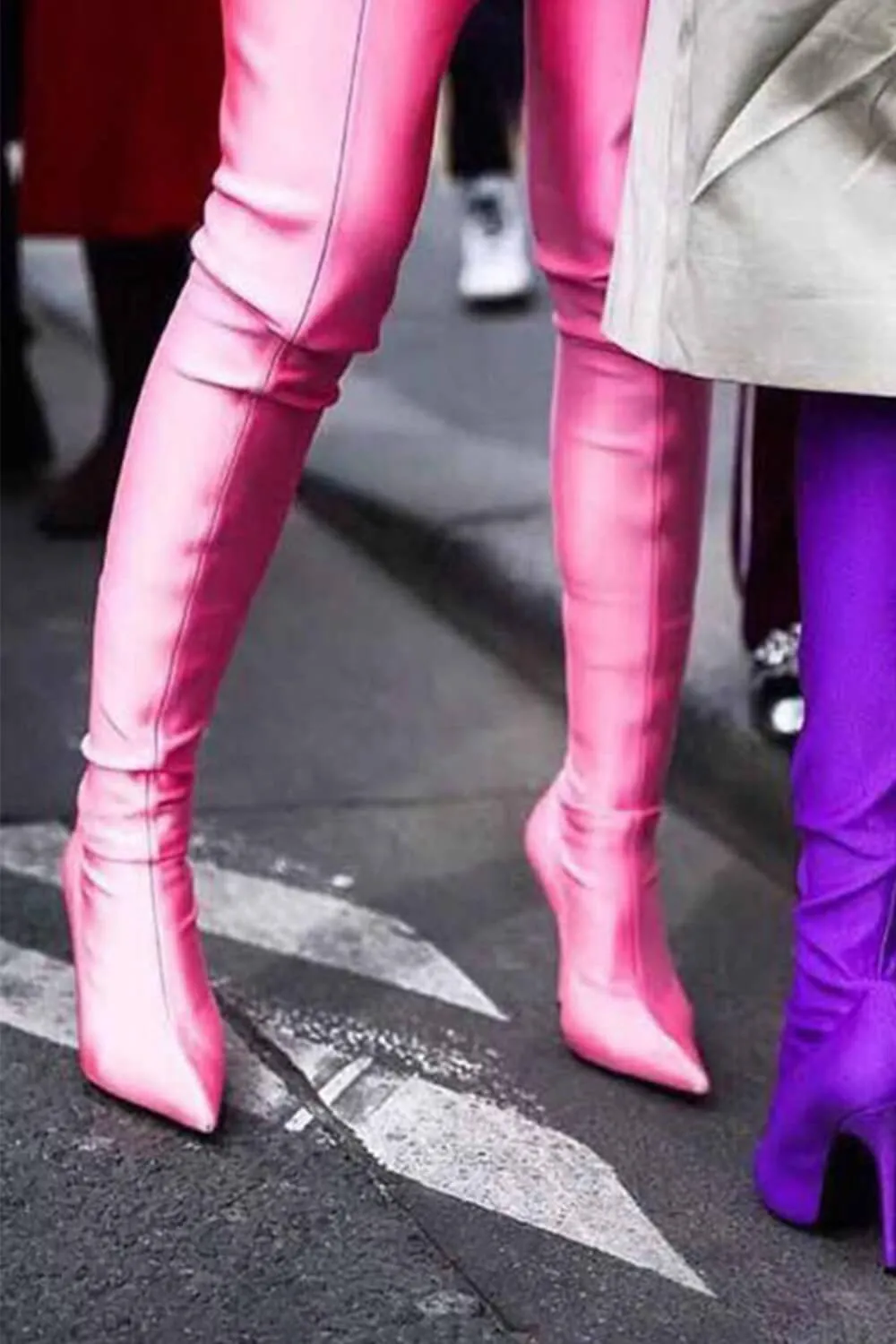 Pink Satin Pointed Toe Thigh High Boots