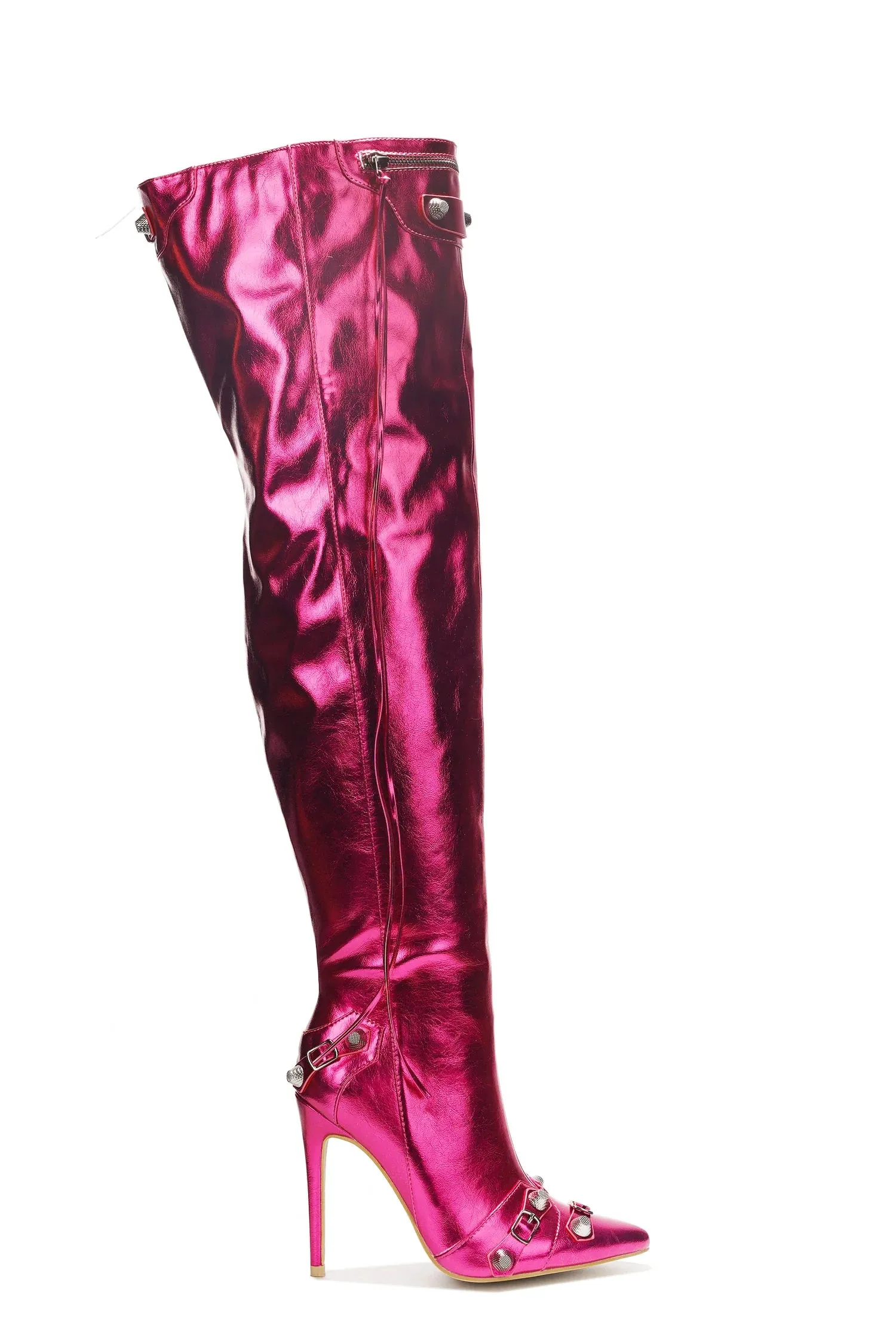 Pink Women Pointy Toe Stiletto Thigh High Boots