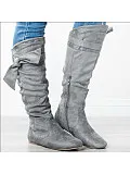 Plain Flat Velvet Round Toe Date Outdoor Thigh High Flat Boots