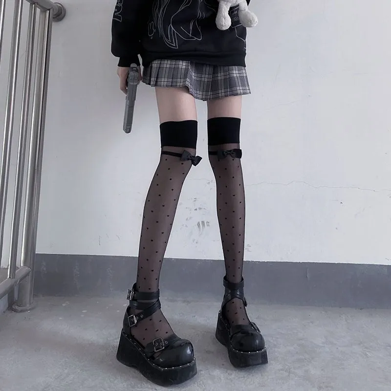 Polka Dots Bow Thigh High Socks SD01776