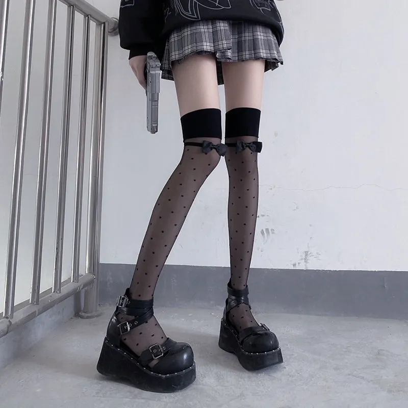Polka Dots Bow Thigh High Socks SD01776