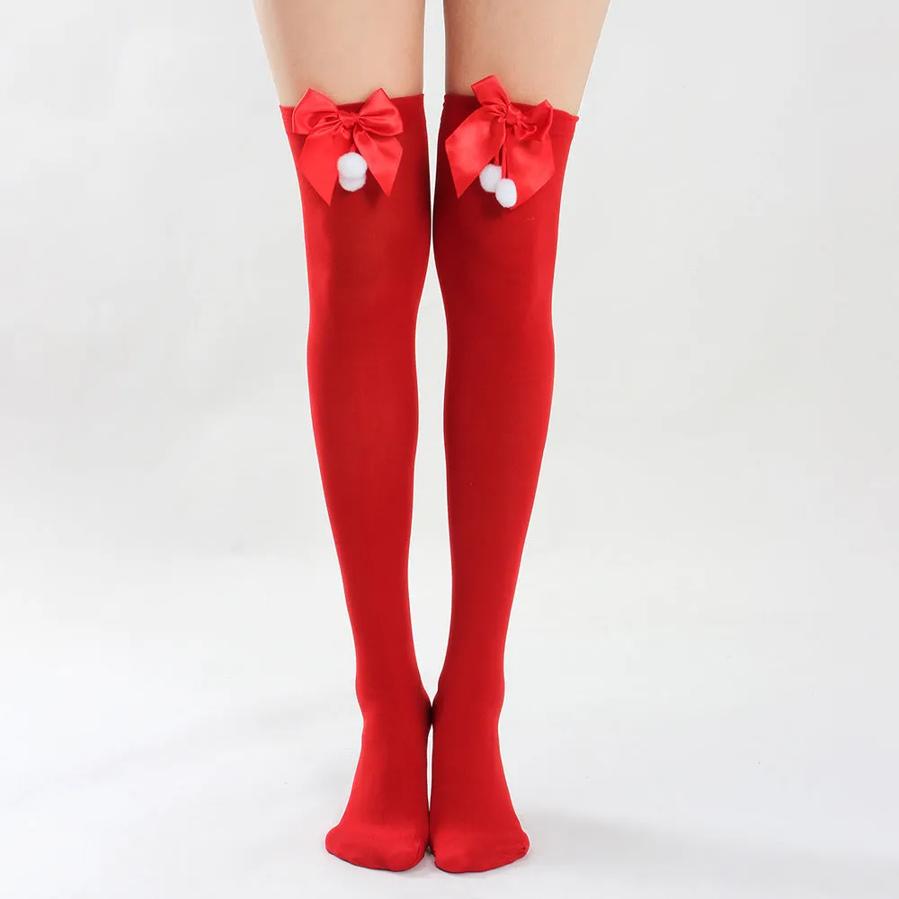 Red Opaque Thigh High Stocking with Bowknot for Christmas