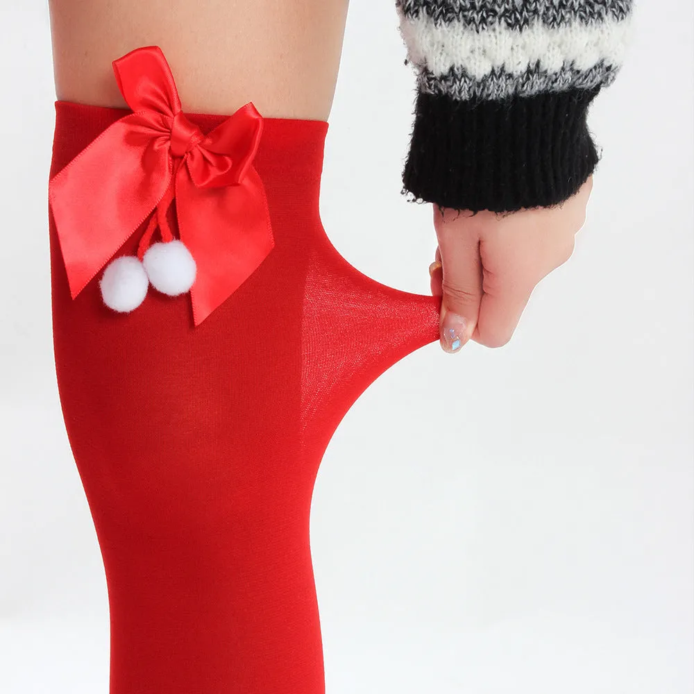 Red Opaque Thigh High Stocking with Bowknot for Christmas