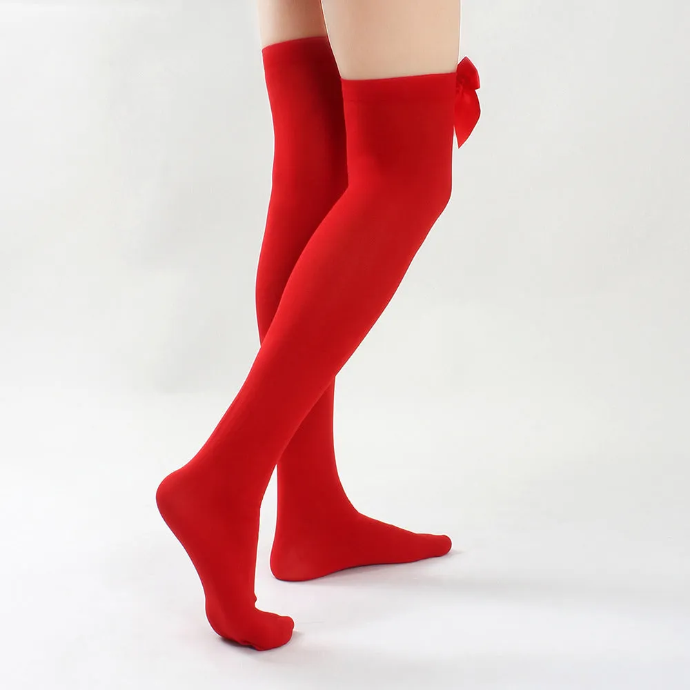 Red Opaque Thigh High Stocking with Bowknot for Christmas