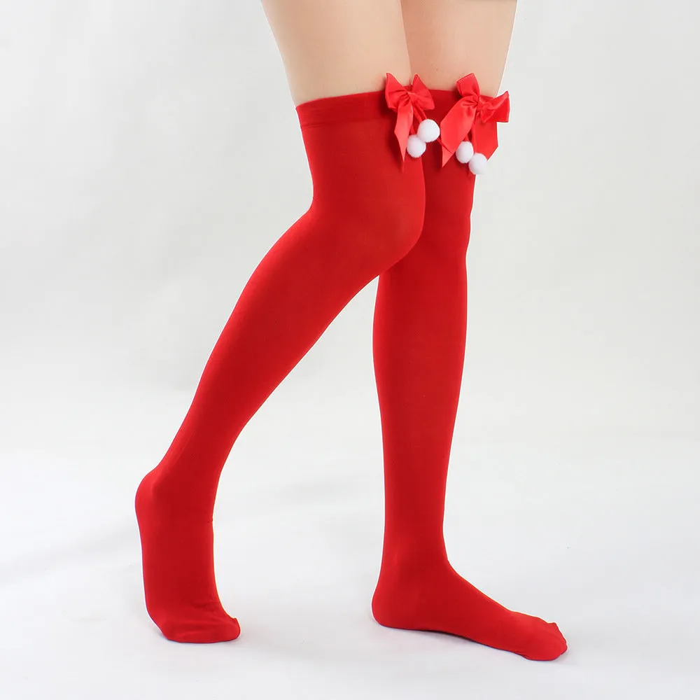 Red Opaque Thigh High Stocking with Bowknot for Christmas