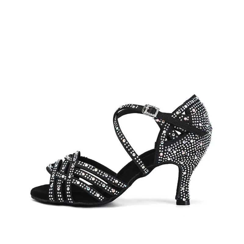 Rhinestone Satin 5 Strap High Heel Dance Shoes